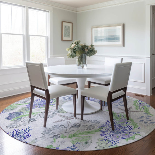 HomeRoots 8' Coastal-Inspired Blue, Ivory & Lime Green Geometric Round Rug - UV-Protected & Machine Washable! 645711