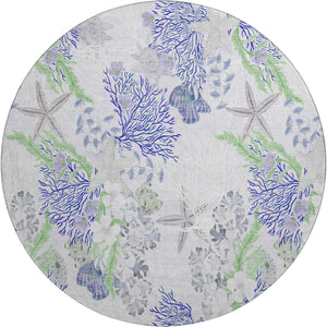 HomeRoots 8' Coastal-Inspired Blue, Ivory & Lime Green Geometric Round Rug - UV-Protected & Machine Washable! 645711