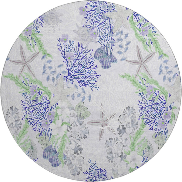 HomeRoots 8' Coastal-Inspired Blue, Ivory & Lime Green Geometric Round Rug - UV-Protected & Machine Washable! 645711