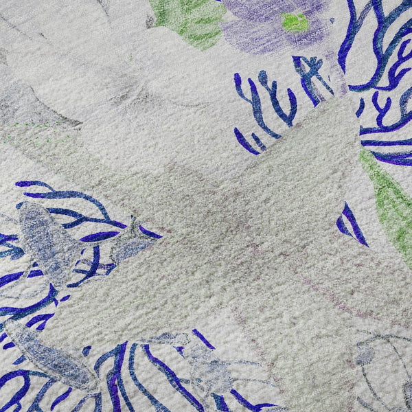HomeRoots 8' Coastal-Inspired Blue, Ivory & Lime Green Geometric Round Rug - UV-Protected & Machine Washable! 645711