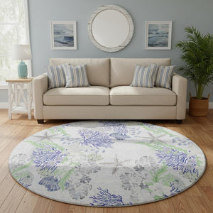 HomeRoots 8' Coastal-Inspired Blue, Ivory & Lime Green Geometric Round Rug - UV-Protected & Machine Washable! 645711