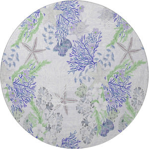 HomeRoots 8' Coastal-Inspired Blue, Ivory & Lime Green Geometric Round Rug - UV-Protected & Machine Washable! 645711