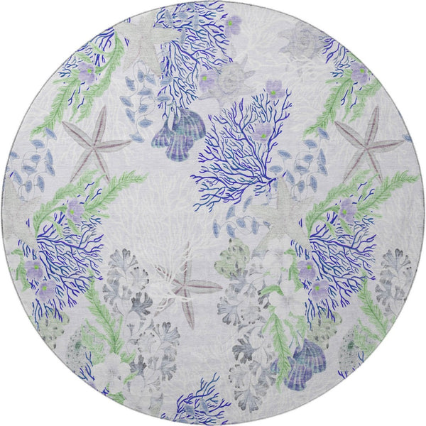 HomeRoots 8' Coastal-Inspired Blue, Ivory & Lime Green Geometric Round Rug - UV-Protected & Machine Washable! 645711