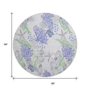 HomeRoots 8' Coastal-Inspired Blue, Ivory & Lime Green Geometric Round Rug - UV-Protected & Machine Washable! 645711