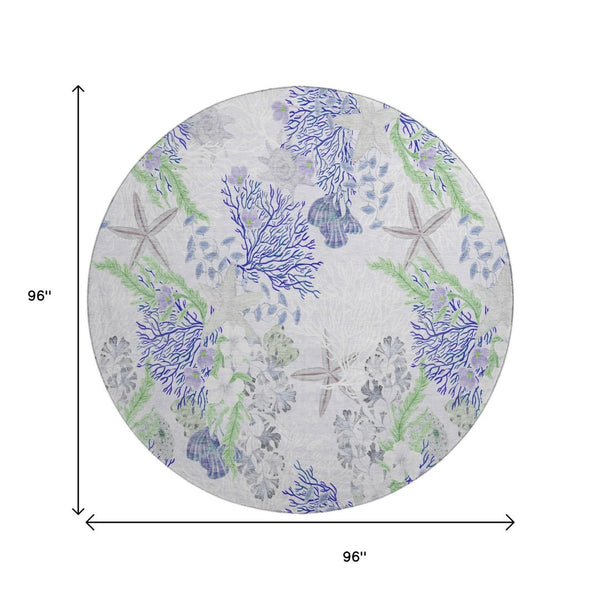 HomeRoots 8' Coastal-Inspired Blue, Ivory & Lime Green Geometric Round Rug - UV-Protected & Machine Washable! 645711