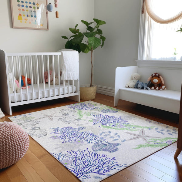 HomeRoots 8' X 10' Area Rug in Blue, Ivory & Lime Green - Washable, UV-Protected, Stylish & Durable Design 645712