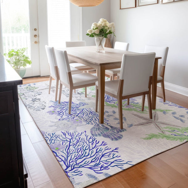 HomeRoots 8' X 10' Area Rug in Blue, Ivory & Lime Green - Washable, UV-Protected, Stylish & Durable Design 645712