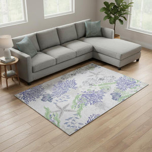 HomeRoots 8' X 10' Area Rug in Blue, Ivory & Lime Green - Washable, UV-Protected, Stylish & Durable Design 645712