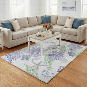 HomeRoots 10' Coastal-Inspired Blue Ivory Lime Green Geometric Washable Area Rug with UV Protection & Durability 645714