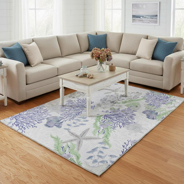 HomeRoots 10' Coastal-Inspired Blue Ivory Lime Green Geometric Washable Area Rug with UV Protection & Durability 645714