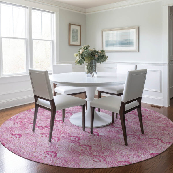 HomeRoots 8' Pink And Ivory Geometric Round Rug - Washable, UV-Protected, Durable & Stylish for Any Space 645717