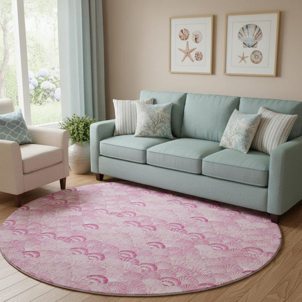 HomeRoots 8' Pink And Ivory Geometric Round Rug - Washable, UV-Protected, Durable & Stylish for Any Space 645717