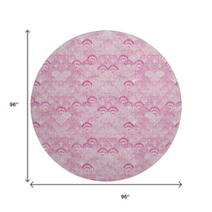 HomeRoots 8' Pink And Ivory Geometric Round Rug - Washable, UV-Protected, Durable & Stylish for Any Space 645717