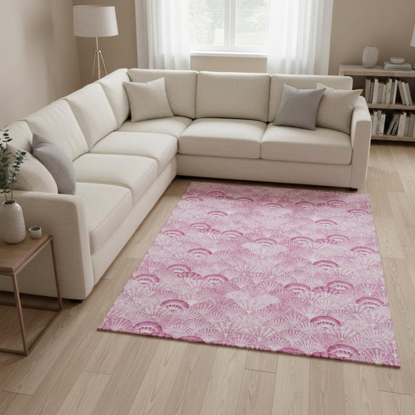 HomeRoots 9' X 12' Pink and Ivory Geometric Washable Rug - Stylish, Durable, and UV Protected for Homes 645719