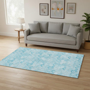HomeRoots 5' X 8' Aqua and Ivory Geometric Area Rug - Washable, UV Protected, Perfect for High-Traffic Spaces! 645722