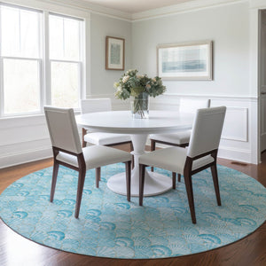 HomeRoots 8' Aqua & Ivory Geometric Round Rug – Washable, UV-Protected, Perfect for High-Traffic Areas & Decor 645723