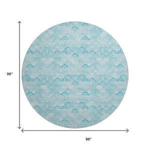HomeRoots 8' Aqua & Ivory Geometric Round Rug – Washable, UV-Protected, Perfect for High-Traffic Areas & Decor 645723