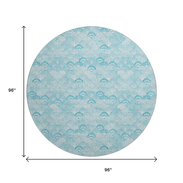 HomeRoots 8' Aqua & Ivory Geometric Round Rug – Washable, UV-Protected, Perfect for High-Traffic Areas & Decor 645723