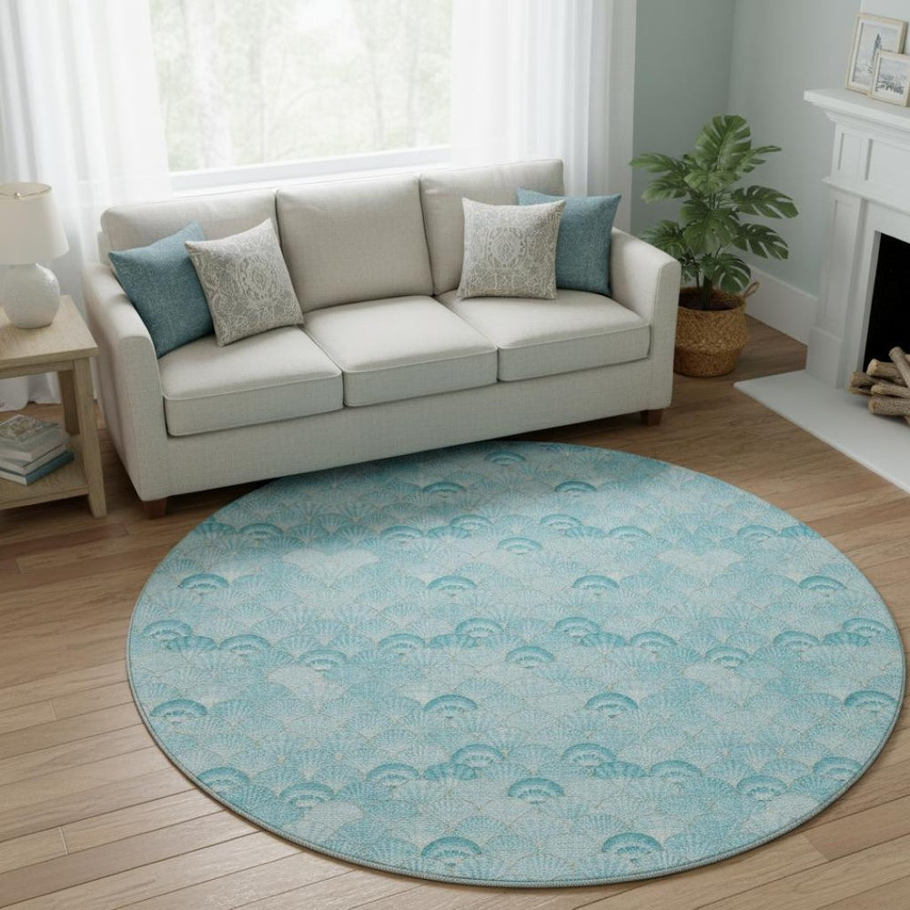 HomeRoots 8' Aqua & Ivory Geometric Round Rug – Washable, UV-Protected, Perfect for High-Traffic Areas & Decor 645723