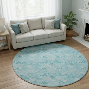 HomeRoots 8' Aqua & Ivory Geometric Round Rug – Washable, UV-Protected, Perfect for High-Traffic Areas & Decor 645723