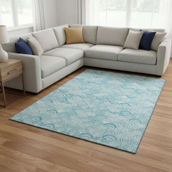 HomeRoots 8' X 10' Aqua and Ivory Geometric Washable Area Rug - Durable, UV-Protected & Pet-Friendly Design! 645724