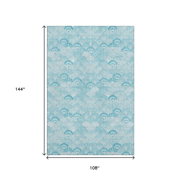 HomeRoots 9' X 12' Aqua & Ivory Geometric Washable Area Rug with UV Protection for Modern Coastal Homes 645725