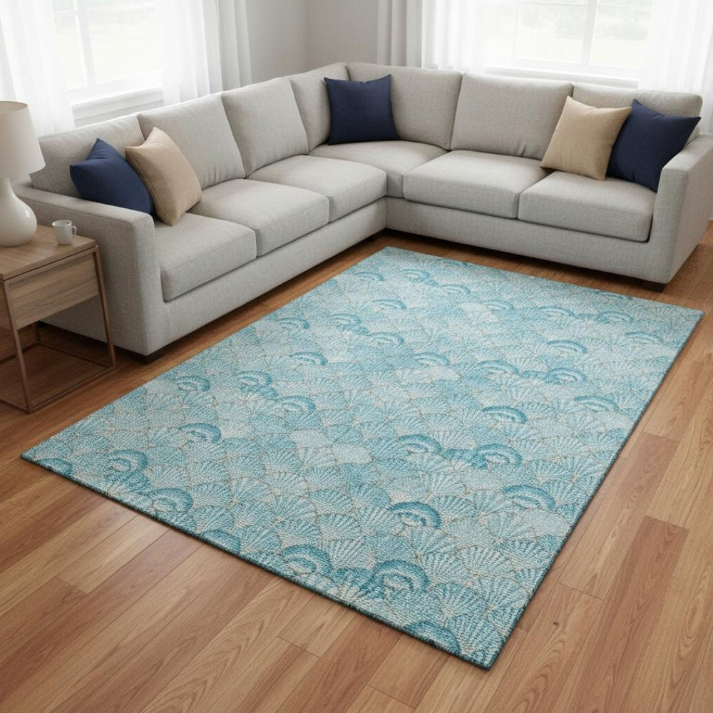 HomeRoots 9' X 12' Aqua & Ivory Geometric Washable Area Rug with UV Protection for Modern Coastal Homes 645725