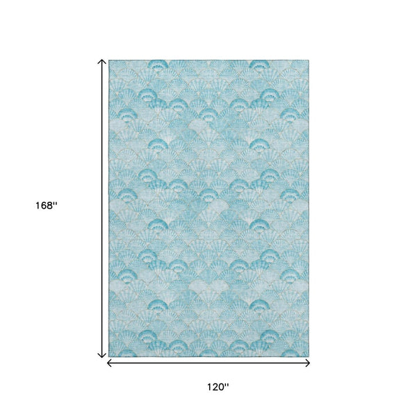 HomeRoots 10' Aqua and Ivory Geometric Washable Area Rug - UV Protected, Stain Resistant, Family-Friendly Design 645726