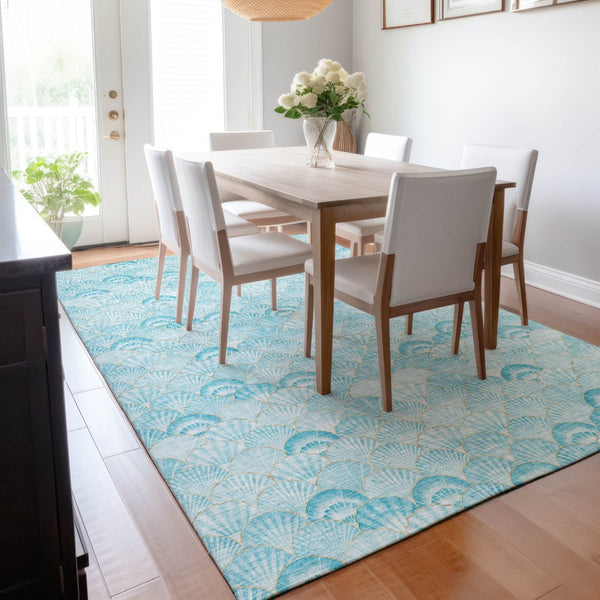 HomeRoots 10' Aqua and Ivory Geometric Washable Area Rug - UV Protected, Stain Resistant, Family-Friendly Design 645726