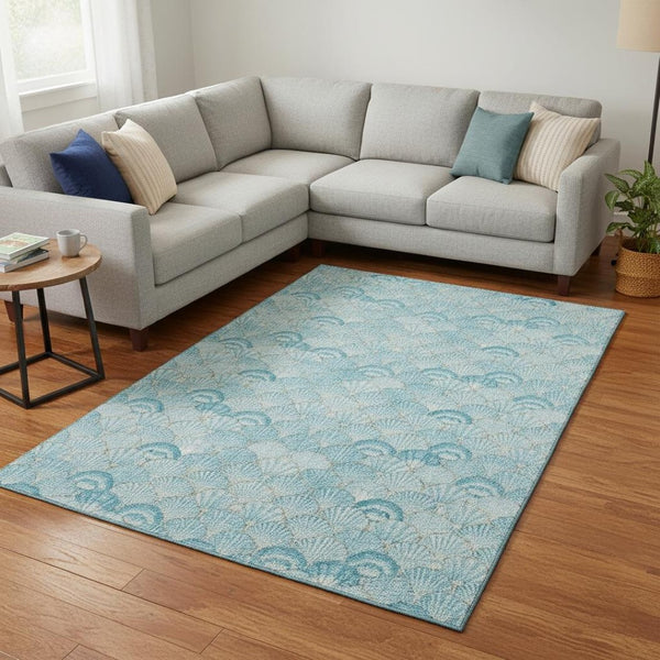 HomeRoots 10' Aqua and Ivory Geometric Washable Area Rug - UV Protected, Stain Resistant, Family-Friendly Design 645726
