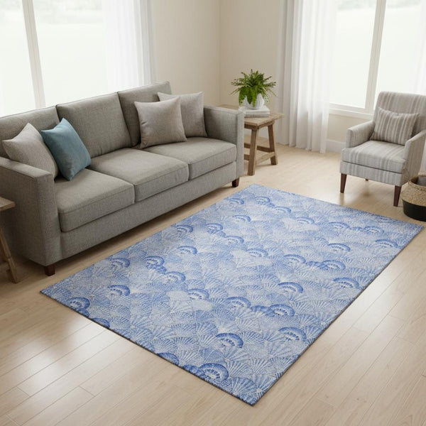 HomeRoots 5' X 8' Blue and Ivory Geometric Area Rug - Washable, UV Protected, Durable for Home & Patio Décor 645734