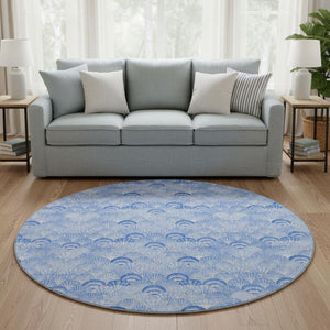 HomeRoots 8' Blue and Ivory Geometric Round Rug - Washable, UV-Protected, Perfect for Coastal-Inspired Homes! 645735