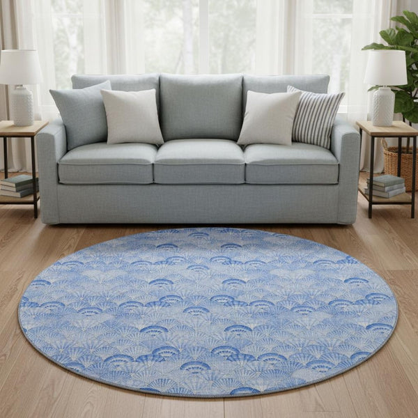 HomeRoots 8' Blue and Ivory Geometric Round Rug - Washable, UV-Protected, Perfect for Coastal-Inspired Homes! 645735