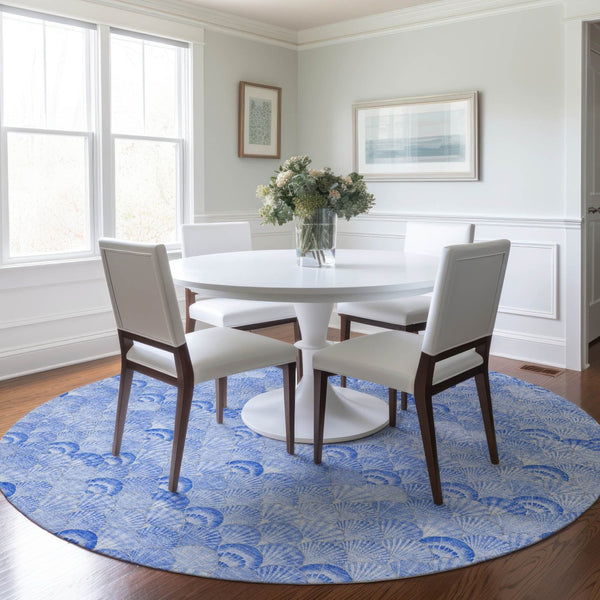 HomeRoots 8' Blue and Ivory Geometric Round Rug - Washable, UV-Protected, Perfect for Coastal-Inspired Homes! 645735