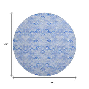 HomeRoots 8' Blue and Ivory Geometric Round Rug - Washable, UV-Protected, Perfect for Coastal-Inspired Homes! 645735