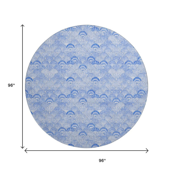 HomeRoots 8' Blue and Ivory Geometric Round Rug - Washable, UV-Protected, Perfect for Coastal-Inspired Homes! 645735