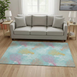 HomeRoots 5' X 8' Vibrant Aqua Orange Pink Geometric Washable Area Rug with UV Protection for Busy Homes 645740