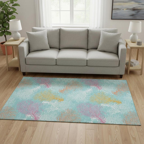 HomeRoots 5' X 8' Vibrant Aqua Orange Pink Geometric Washable Area Rug with UV Protection for Busy Homes 645740