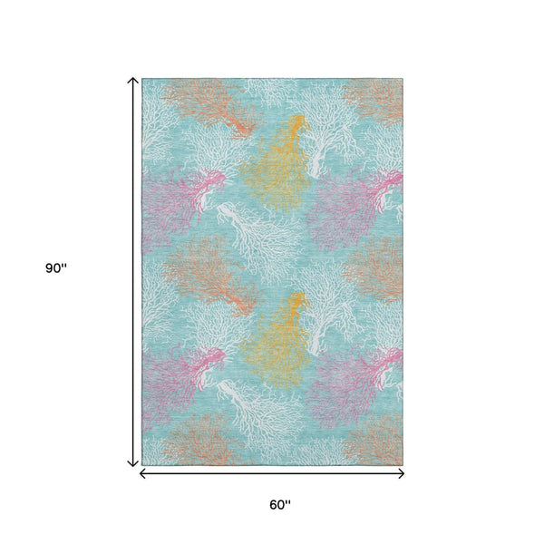 HomeRoots 5' X 8' Vibrant Aqua Orange Pink Geometric Washable Area Rug with UV Protection for Busy Homes 645740