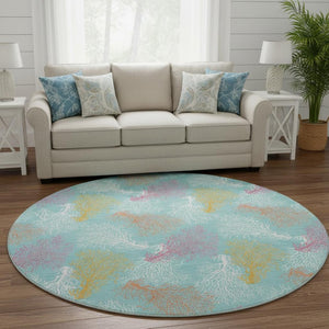 HomeRoots 8' Vibrant Aqua, Orange & Pink Geometric Washable Round Rug with UV Protection for Any Space 645741