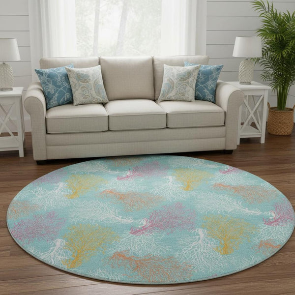 HomeRoots 8' Vibrant Aqua, Orange & Pink Geometric Washable Round Rug with UV Protection for Any Space 645741