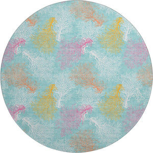 HomeRoots 8' Vibrant Aqua, Orange & Pink Geometric Washable Round Rug with UV Protection for Any Space 645741