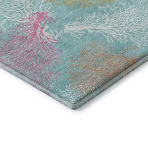 HomeRoots 8' Vibrant Aqua, Orange & Pink Geometric Washable Round Rug with UV Protection for Any Space 645741