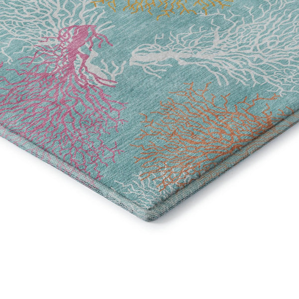 HomeRoots 8' Vibrant Aqua, Orange & Pink Geometric Washable Round Rug with UV Protection for Any Space 645741