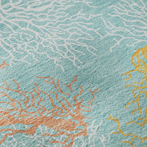 HomeRoots 8' Vibrant Aqua, Orange & Pink Geometric Washable Round Rug with UV Protection for Any Space 645741