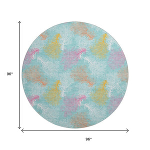 HomeRoots 8' Vibrant Aqua, Orange & Pink Geometric Washable Round Rug with UV Protection for Any Space 645741