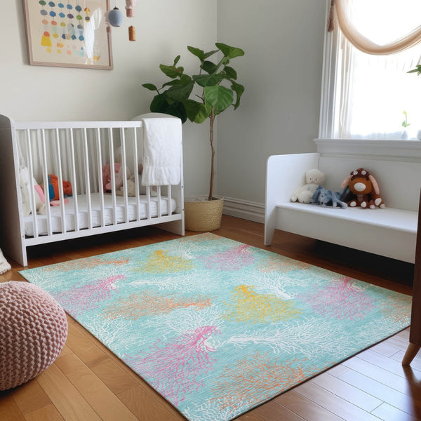 HomeRoots 8' X 10' Vibrant Aqua, Orange & Pink Geometric Washable Area Rug with UV Protection for Homes 645742