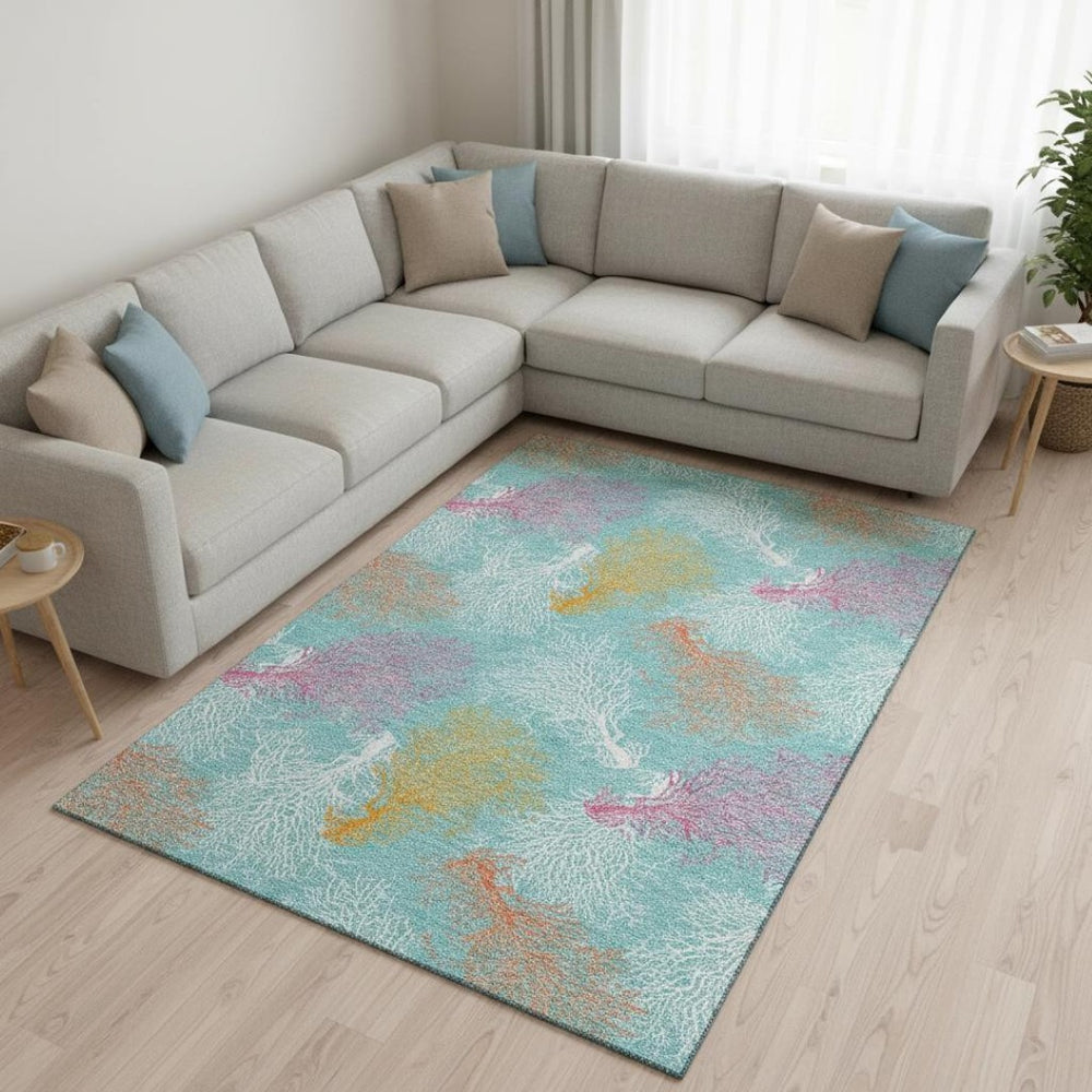 HomeRoots 8' X 10' Vibrant Aqua, Orange & Pink Geometric Washable Area Rug with UV Protection for Homes 645742