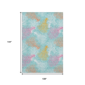 HomeRoots 9' X 12' Aqua Orange Pink Geometric Area Rug - Washable, UV Protected, Stain Resistant & Stylish 645743