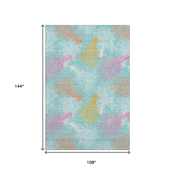 HomeRoots 9' X 12' Aqua Orange Pink Geometric Area Rug - Washable, UV Protected, Stain Resistant & Stylish 645743